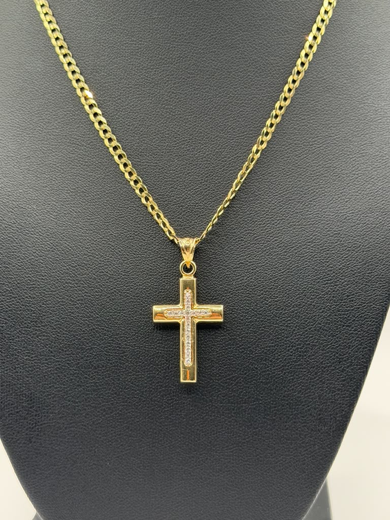 CADENA CORTE BRILLO SOLIDA Y DIJE CRUZ CON PIEDRAS